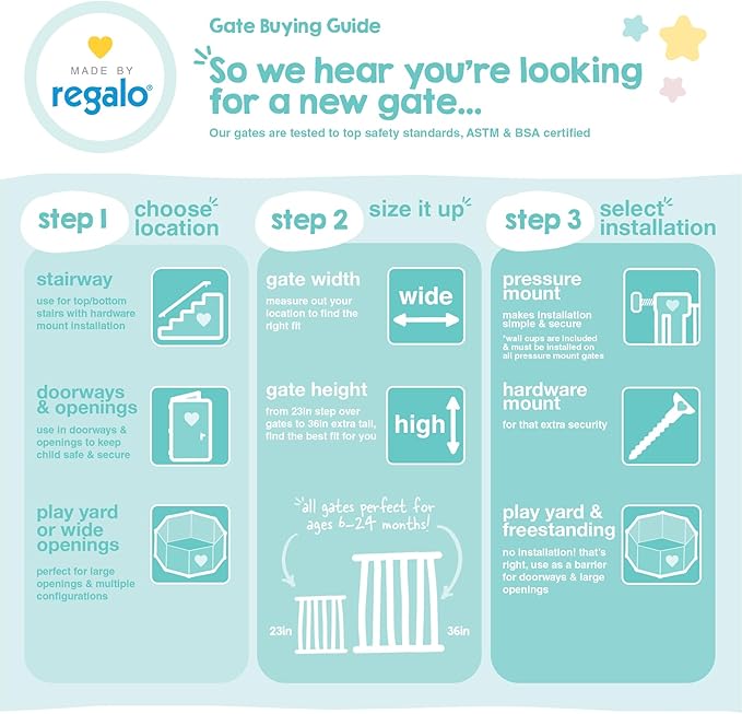 Regalo Safety 29-38.5" Baby Gate for Doorways & Bottom of Stairs, Pressure Mounted Baby Gate with Door for Babies, Toddlers & Pets, Tested & Safe for 30 Years, American Designed, American Owned, Black