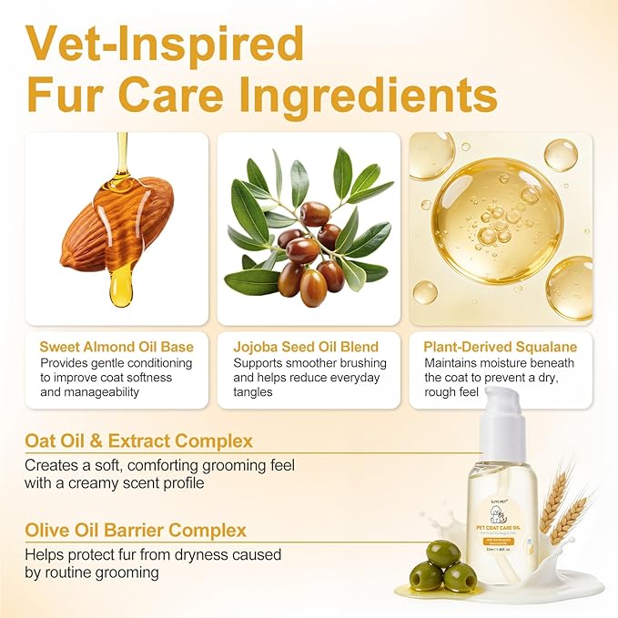 Pet Coat Care Oil, Oat Kernel & Squalane Extract | Recovery Serum, Lipid Balance & Dry Skin Soothing; Post-Bath Barrier Repair, Deeply Moisturizing Leave-in Conditioner, Dogs Cats, 1.69 fl. oz
