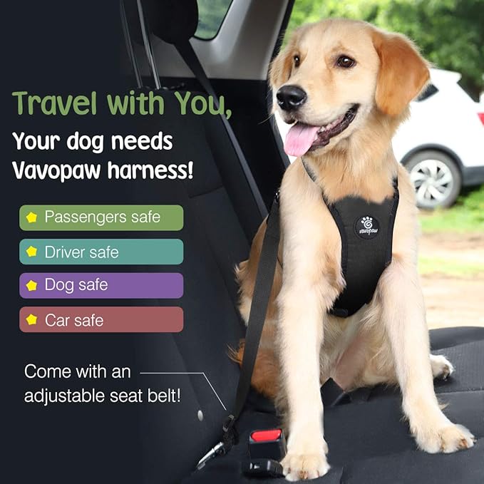 VavoPaw Dog Seat Belt, Safety Vest Dog Car Harness with Adjustable Buckle Dog Seat Belt for Vehicle Nylon Pet Safety Seat Belts Heavy Duty(XL, Black)