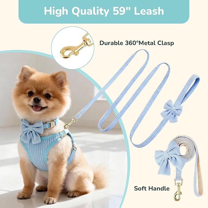 Small Dog Collar Harness and Leash Set, Dog Harness no Pull with Bowtie, Breathable Cotton Adjustable Pet Puppy Harness, Easy Walk Dog Harness, S(14–18.9")