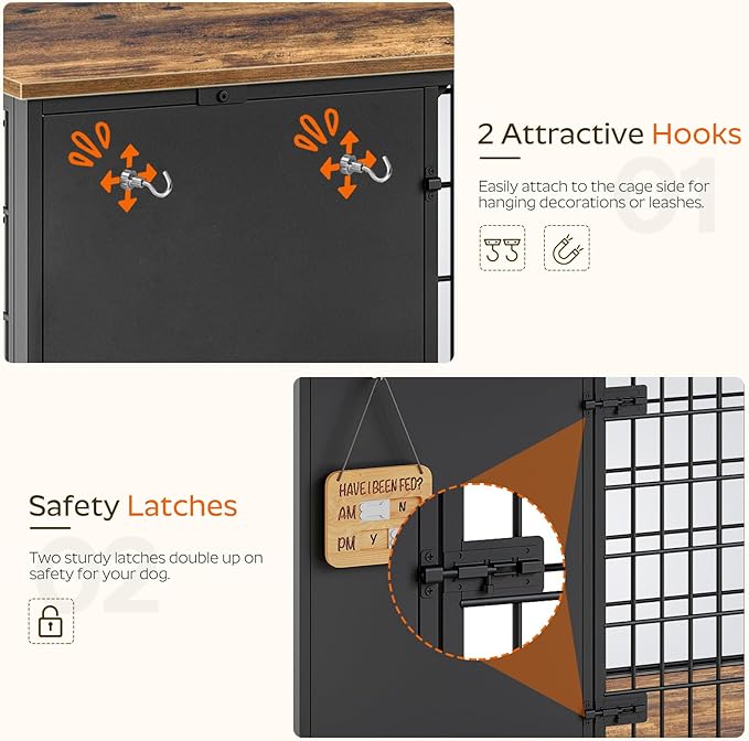 YATINEY Foldable Dog Crate Furniture, 47.2" Dog Crate with DIY Frame, Heavy Duty Dog Kennel Indoor with Hooks, Wooden Dog Cage End Table, for Small/Medium/Large Dogs, Rustic Brown DC120BR