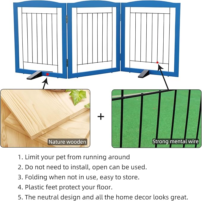 ZJSF Freestanding Dog Fence Indoor, Foldable Dog Gate for Doorways, Stairs or Hallways, Sturdy Wood Extra Wide Pet Gate with Support Feet for The House, Blue, 24 "Height-3 Panels