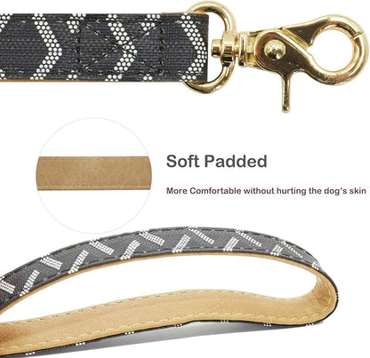 Leather Dog Collar and Leash Set, Check Pattern Dog Collar Leashes Metal Buckle Adjustable Durable for Small Medium Large Dogs (Black, L(14.5-18.5IN))