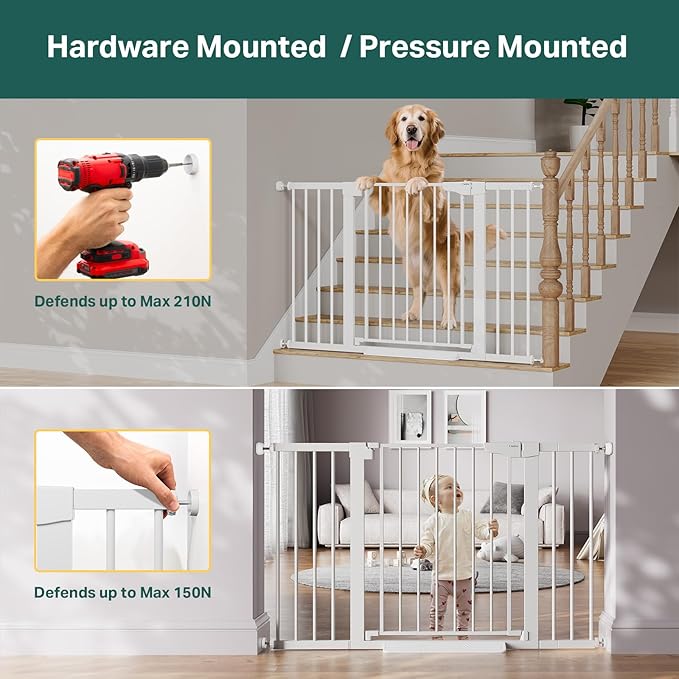 Cumbor 2 Pack 29.7-51.5" Extra Wide Baby Gate for Stairs, Easy Walk Through Dog Gates for Doorways, Pressure Mounted Pet Gate Indoor, Safety Auto-Close Child Gate for Kids with 4 Wall Cups, White