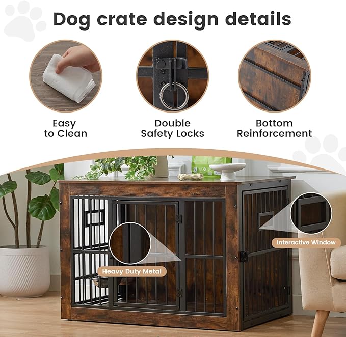 38 Inch Heavy Duty Dog Crate Furniture for Medium Dogs, Decorative Pet House End Table with 3 Doors & Adjustable Bowls, Wooden Cage Kennel Furniture Indoor, Rustic Brown