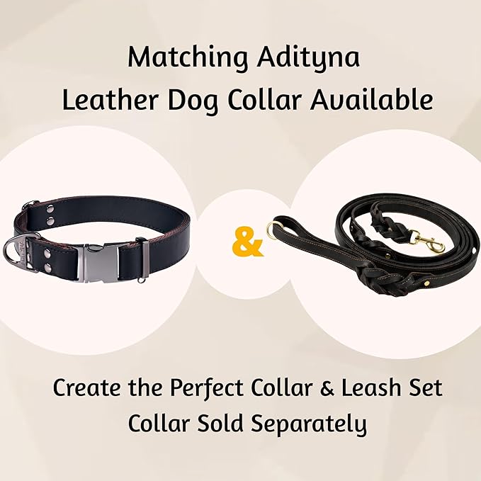 ADITYNA - Double Handle Leather Dog Leash 6ft - Heavy Duty Braided Dog Leash with Traffic Handle for Mastiff, Saint-Bernard, Rottweiler - Lead for Extra-Large Breeds (Black, Two Handles 6 Foot x 1")
