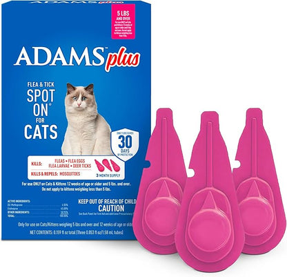 ADAMS Plus Flea and Tick Prevention Spot On for Cats, Kills Fleas & Ticks (Brown Dog/Deer Ticks), Kills and Repels Mosquitoes, Prevents Flea Infestations, 3-Month Supply, 3 Pack