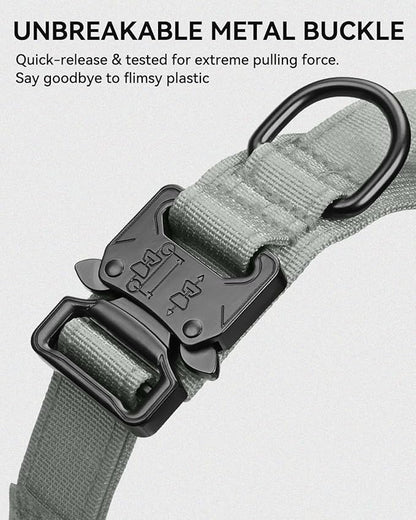 Joytale Tactical Dog Collar with Handle and Metal Buckle, Heavy Duty Padded Military Collar with 2 Patches for Training, Adjustable for Medium Dogs, Gray, M