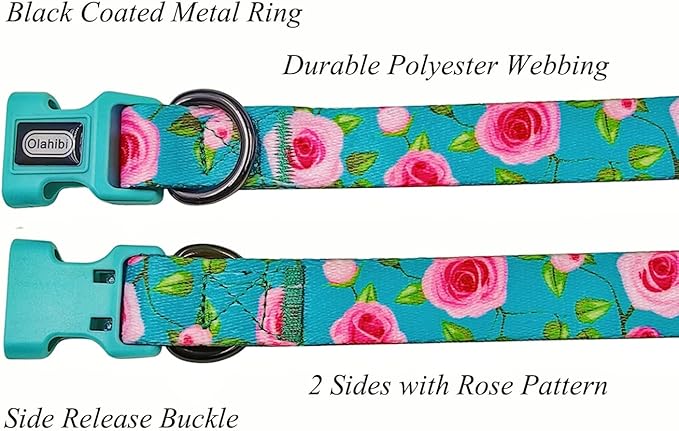 Dog Collar and Leash Set, Rose Pattern, Polyester Material, 5ft Matching Leash, for Small Dogs.(S, Green Rose Set)