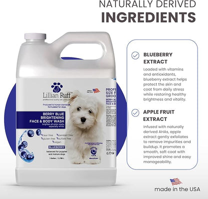 Lillian Ruff PRO Formula Berry Blue Brightening Pet Shampoo - Ultra-Hydrating Professional Whitening Dog Shampoo, Vivid Show-Quality Coat Enhancer, Tear Stain & Odor Eliminator - Vitamin B5 (Gallon)
