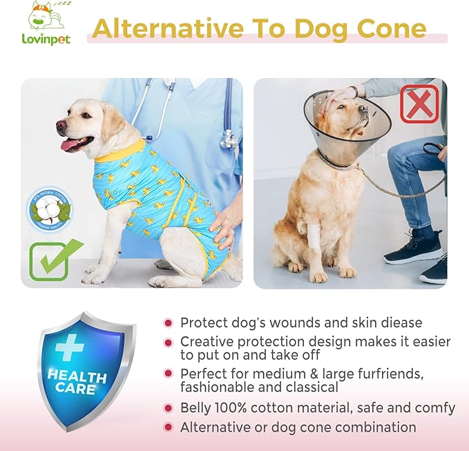 LovinPet Dog Recovery Suit for Large Medium Dogs Pet Pajamas Anti Licking Bodysuit for Abdominal Wound After Surgery for Shedding Skin Disease,Effectively Help,Duck,Blue,M