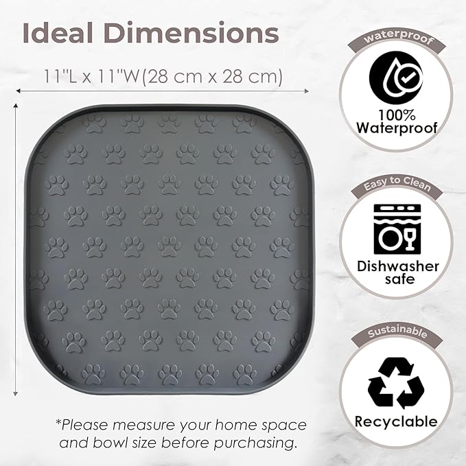 2 Pack Pet Feeding Mats, Waterproof Anti-Slip Placemats for Dog Cat Bowl Silicone Pet Food Mat, Raised Edge Prevent Spills on Floor & Carpet, Dishwasher Safe (2 Black, 11" x 11")