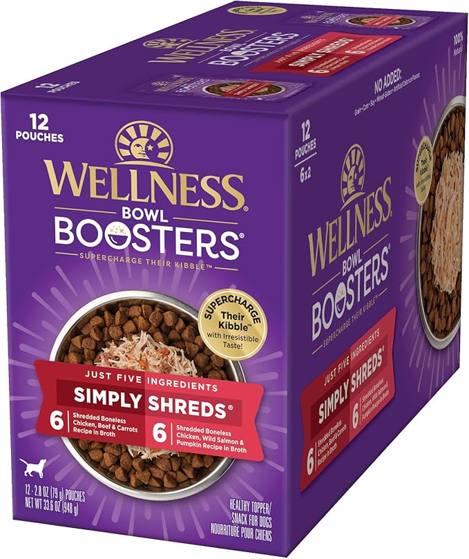 Wellness Bowl Boosters Simply Shreds Variety Pack Wet Dog Food Topper for Small, Medium, and Large Breeds, Grain Free, Natural, Chicken Recipes, 2.8 oz, Pack of 12 Pouches