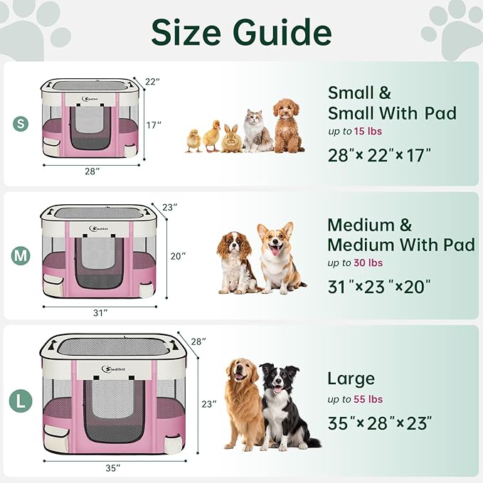 Dog Playpen,Cat Pet Puppy Pen,Portable Playpens for Dogs Indoor Outdoor Travel Camping Use,Foldable Dog Kennel Tent Crate for Rabbit Small Animals with Carrying Case (Pink with Pad, Small)