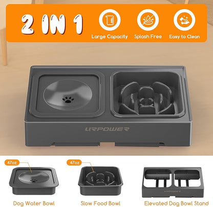 URPOWER 2-in-1 Elevated Slow Feeder Dog Bowls with No-Spill Water Bowl, 4 Height-Adjustable Raised Dog Bowls, Non-Slip Food and Water Bowls with Stand for Small, Medium, Large Dogs, Cats and Pets