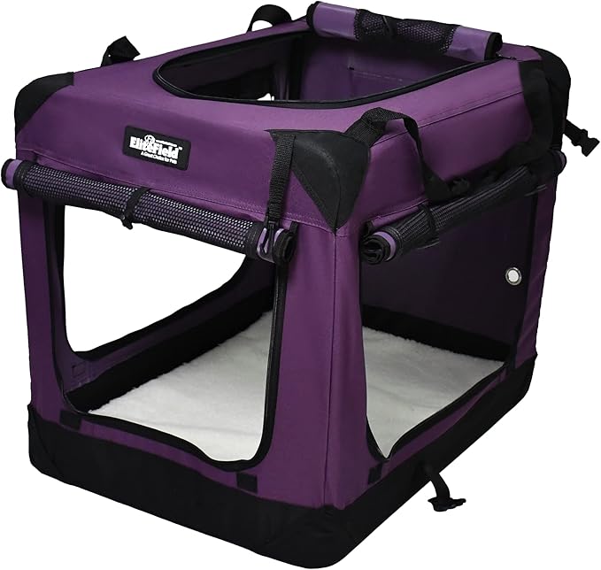EliteField 4-Door Folding Soft Dog Crate with Curtains, Carrying Bag and Fleece Bed (2 Year Warranty), Indoor & Outdoor Pet Home (24" L x 18" W x 21" H, Purple+4 Door Curtains)