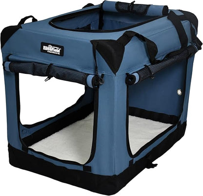 EliteField 4-Door Folding Soft Dog Crate with Curtains, Carrying Bag and Fleece Bed (2 Year Warranty), Indoor & Outdoor Pet Home (30" L x 21" W x 24" H, Blue Gray+4 Door Curtains)
