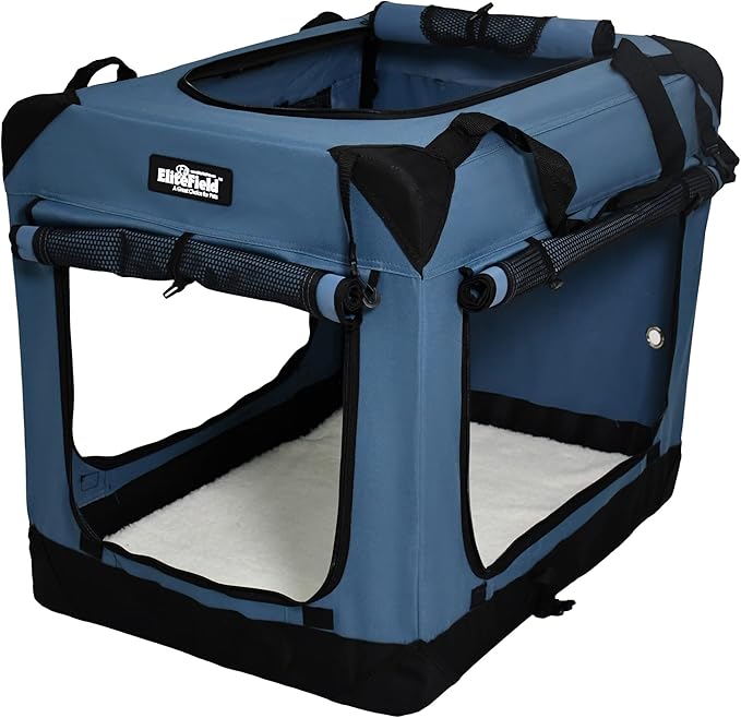 EliteField 4-Door Folding Soft Dog Crate with Curtains, Carrying Bag and Fleece Bed (2 Year Warranty), Indoor & Outdoor Pet Home (36" L x 24" W x 28" H, Blue Gray+4 Door Curtains)