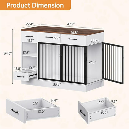Dog Crate with Hidden Feeder Bowl & 3 Storage Drawers - 47.2" Wooden Dog Cage Indoor with Adjustable Shelf, 2 Doors Dog Kennel Furniture for Medium & Small Dogs, Multi-Functional Pet End Table