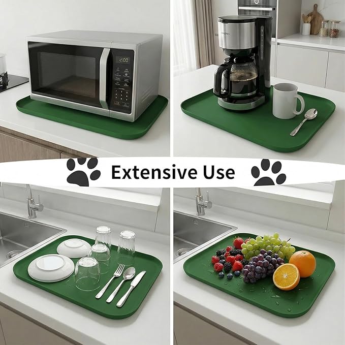 BLESWIN Non-Slip Silicone Dog Food Mat for Food and Water, 18" x 12" Raised Edge Pet Feeding Mat - Waterproof Dog Bowl Mat Easy Clean for Floor Protector,Dark Green
