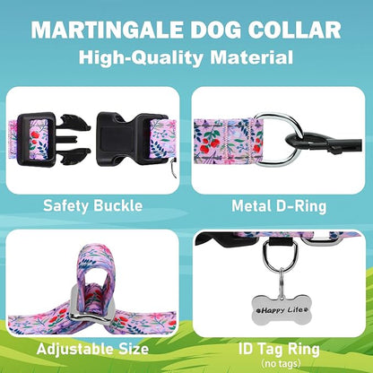 Reflective Martingale Collar with Quick Release Buckle Anti Pulling Girl Female Dog Collars (Pink Flowers Plants, XSmall)