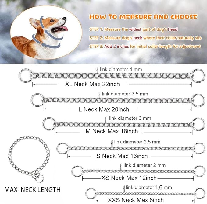 Metal Chain Dog Collar, Training Puppy Collars, Slip Link Dogs Collars for XS Small Medium Large Dogs, Silver XS