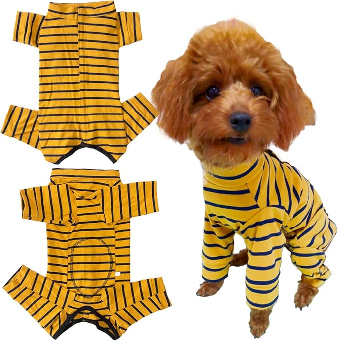 Dog’s Recovery Suit Post Surgery Shirt for Puppy, Full Coverage Dog's Bodysuit Wound Protective Surgical Clothes for Small and Medium Pets (Yellow Black Stripe-XL)