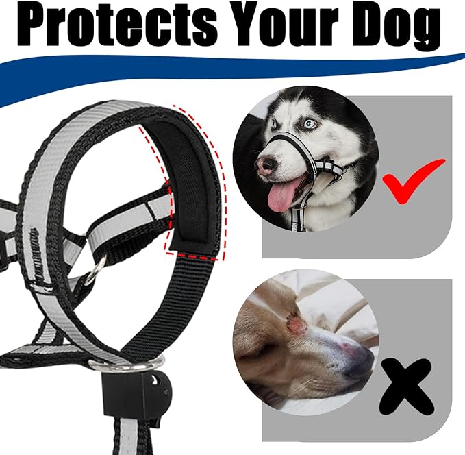BARKLESS Reflective Head Collar, No Pull Collar for Medium Large Small Dogs, Anti-Pull Muzzle Leash for Medium Sized Breed, Adjustable Soft Dog Halter, Nose Leash for Easy Control on Walks