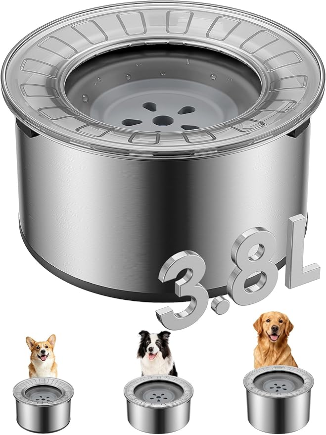 Heouvo 1 Gallon Large Dog Water Bowl No Spill,【Anti Digging Lid & Rubber Bottom】 Spill Proof Dog Bowl, Anti Splash Mess Dripless Slow Drinking Stainless Steel Water for Sloppy Messy Drinkers Car