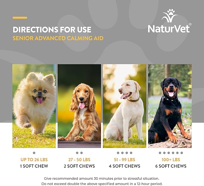 NaturVet Quiet Moments Calming Aid Dog Supplement, Helps Promote Relaxation, Reduce Stress, Storm Anxiety, Motion Sickness for Senior Dogs – 60-Ct. Soft Chews