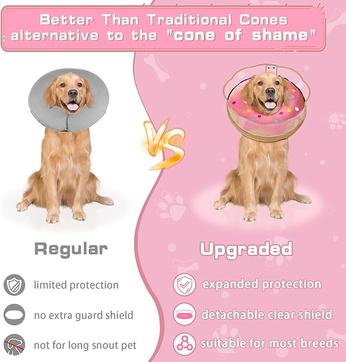 Inflatable Dog Cone Collar Soft Dog Cone Alternative After Surgery to Stop Licking for Large Medium Dogs Recovery Donut Cone Adjustable Neck Collar with Enhanced Anti-Licking Shield,Donut Pink,XL