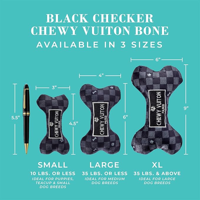 Haute Diggity Dog Chewy Vuiton Bone Plush Squeaky Dog Toy, Soft Durable Designer-Inspired Stuffed Puppy Chew Toys for Small & Medium Dogs, Machine-Washable (Black Checker) Large