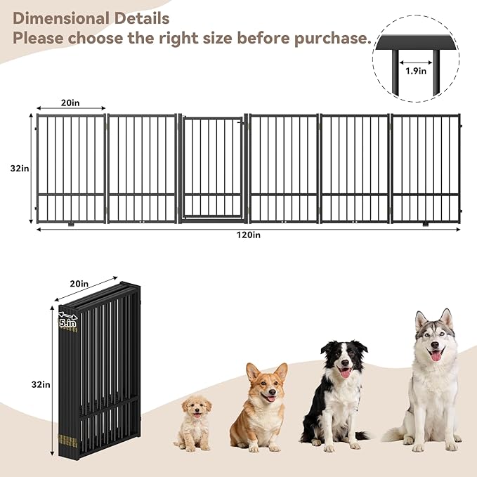 SNUOWU Full Metal Freestanding Dog Gate with Door, 32''Height Foldable Pet Dog Fence for Indoor & Outdoor, 6 Panels Extra Wide Free Standing TallDog Gates for Doorways,House,Stairs,Porch,Deck,Yard