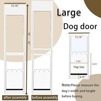 Large Dog Door for Sliding Glass Door,Doggy Door for Sliding Doors, Adjustable Height 76“ to 81” Pet Door for Patio Slider,Sliding Glass Dog Door