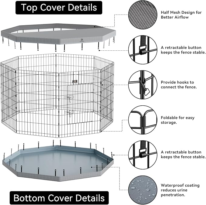 PJYuCien Dog Playpen with Top Cover and Bottom Pad - Metal Foldable Exercise Pen, 8 Panels 30" H x 24" W Indoor Outdoor Pet Fence Puppy Crate Kennel, Gray