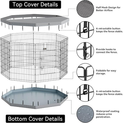 PJYuCien Dog Playpen with Top Cover and Bottom Pad - Metal Foldable Exercise Pen, 8 Panels 36" H x 24" W Indoor Outdoor Pet Fence Puppy Crate Kennel, Gray