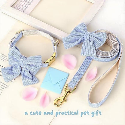 Dog Collar and Leash Set with Bowtie, Girl Dog Collars Metal Buckle Adjustable for Small Medium Dogs (Blue, M: Neck 13"-22" Leash 5 FT)