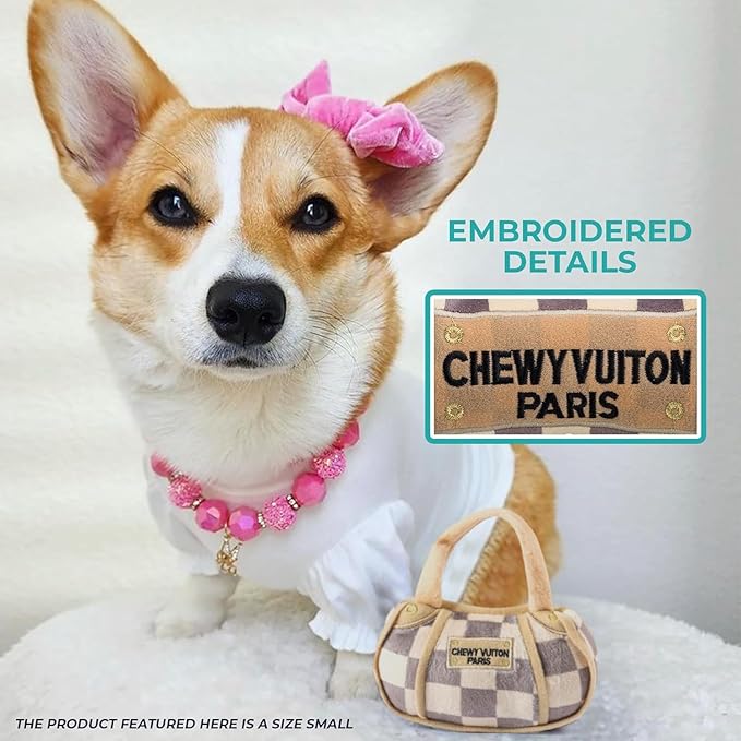 Haute Diggity Dog Chewy Vuiton Handbag Plush Squeaky Dog Toy, Soft Durable Designer-Inspired Stuffed Puppy Chew Toys for Small & Medium Dogs, Machine-Washable (Tan Checker) Large