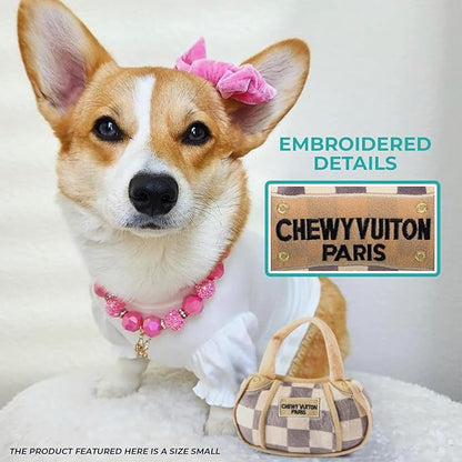 Haute Diggity Dog Chewy Vuiton Handbag Plush Squeaky Dog Toy, Soft Durable Designer-Inspired Stuffed Puppy Chew Toys for Small & Medium Dogs, Machine-Washable (Tan Checker) Small