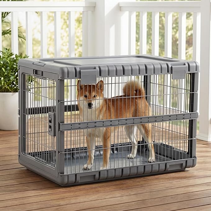 ZOMISIA Collapsible Dog Crate for Large Dogs - 36"L Heavy Duty Dog Kennel No Tools Required with 4 Sides Steel Foldable Cage for Dogs Indoor Furniture, Portable Carrier with 2 Smooth Wheels, Gunmetal