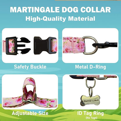 Martingale Collar for Dogs with Buckle Pink Floral Dog Collar No Pull Cute Girl Female Dog Collars for Small Dogs, Watercolor Pink Rose