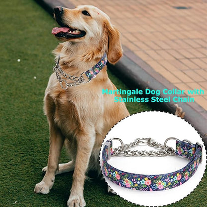 Martingale Collar for Dogs with Chain,Adjustable Nylon Floral Slip No Pull Training Dog Collars for Medium, Large & XL Dogs(Floral XL)