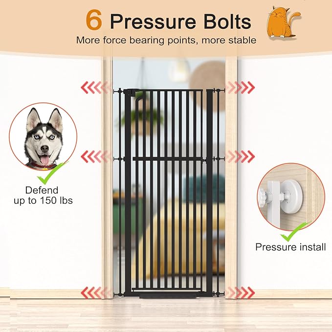Senneny 63" Extra Tall Cat Gate Auto Close & One-Hand Open, Includes Extension Kit, No Drilling Pressure Mounted & Wall Mounted, Metal Pet Gate Fits Openings 45.2" to 49.2" Wide, Black