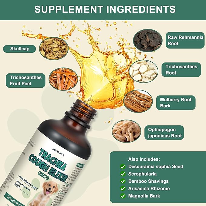 Trachea Cough Elixir for Dogs, Collapsed Trachea Support & Dry Honking Cough Relief, Herbal Airway Comfort Drops for Small Breeds, Helps Promote Smooth Breathing, Easy-to-Administer Liquid - 59 mL