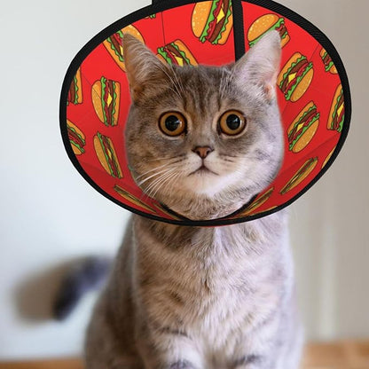 Lightweight Recovery Elizabethan Collar for Cats, Puppies, and Dogs, Adjustable Pet Cone for Small Dogs, Burger Hamburger Pattern Red