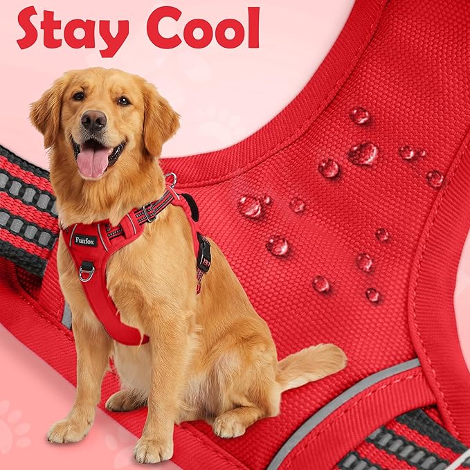 Funfox Dog Harness No Pull, Adjustable Pet Vest Harness, Super Soft Material with Vertical Handle Easy Control, Reflective Night Walking, 2 Leash Clips for Medium Sized Dogs, Red, M