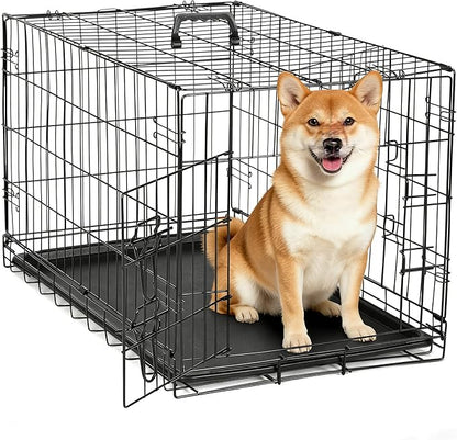 HealSmart 30" Single Door Pet Crate, Sturdy Foldable Metal Wire Dog Cage with Leak-Proof Tray, Portable Indoor & Outdoor Pet Kennel for Travel and Home Use