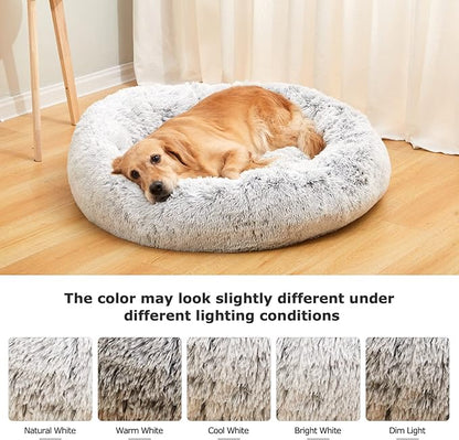 Bedfolks Calming Donut Dog Bed, 30 Inches Round Fluffy Dog Beds for Medium Dogs, Anti-Anxiety Plush Dog Bed, Machine Washable Pet Bed (Light Grey, Medium)