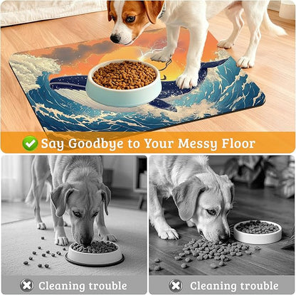 Dog Bowl Mat,Cat Shark Pet Feeding Mat for Floors Waterproof,Ocean Wave Absorbent Dogs Placemat for Food and Water Quick Dry Pet Cat Feeding Mats with Non Slip Bottom 12" x 20"