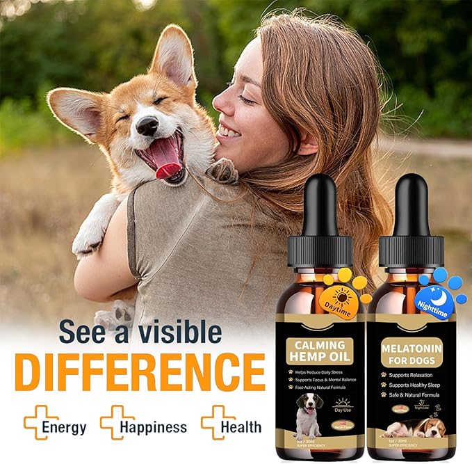Hemp Oil & Melatonin for Dogs, Day & Night Calming Drops Support Set, Helps with Anxiety, Stress, Aggression, Separation, Relaxation & Sleep Aid